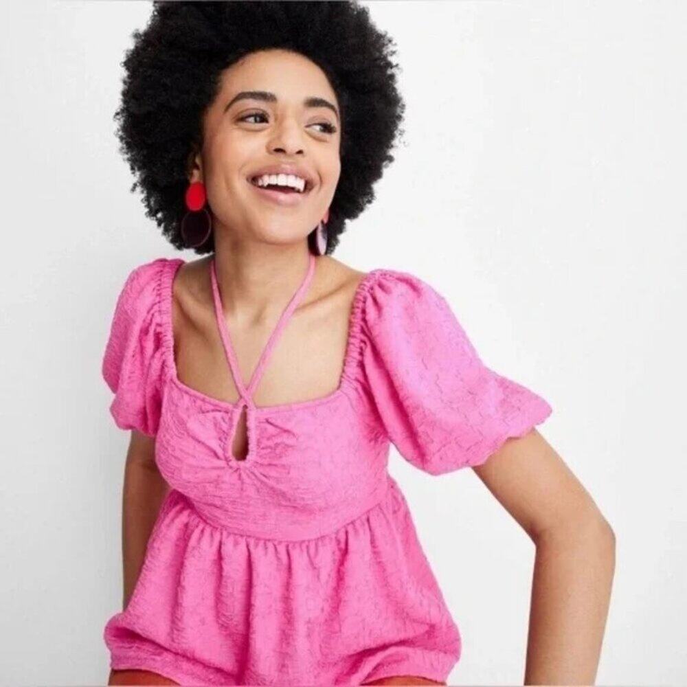 Future Collective Textured Knit Square Tie Neck Puff Sleeve Top Pink XXL‎ NWT